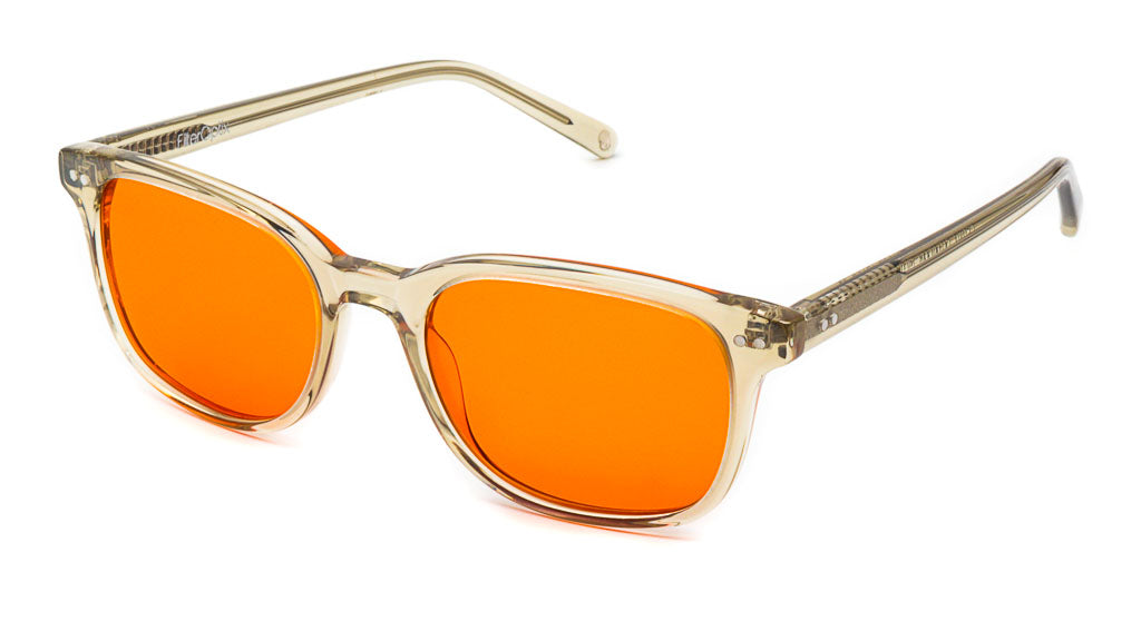 Cedar Silver Thyme Orange, or amber-coloured, sleeping glasses viewed from side