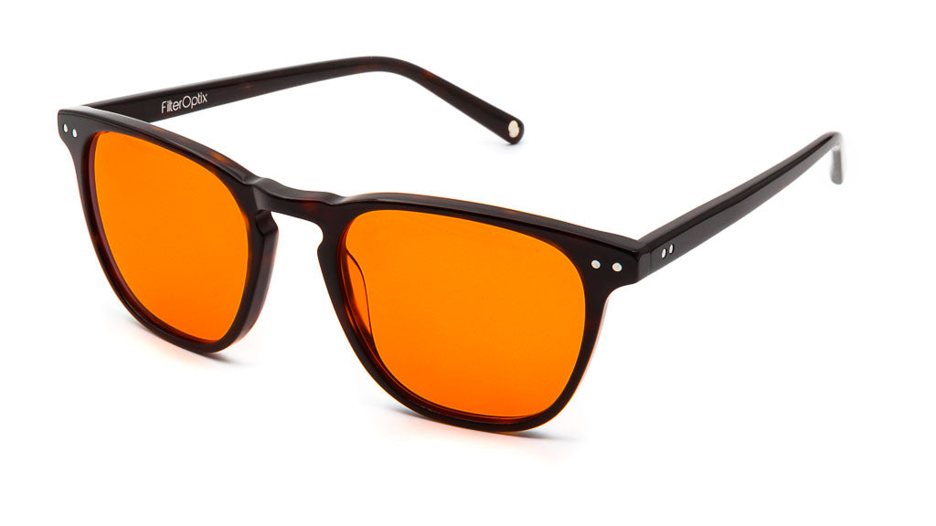 Yama Tortoise Orange, or amber-coloured, sleeping glasses viewed from side