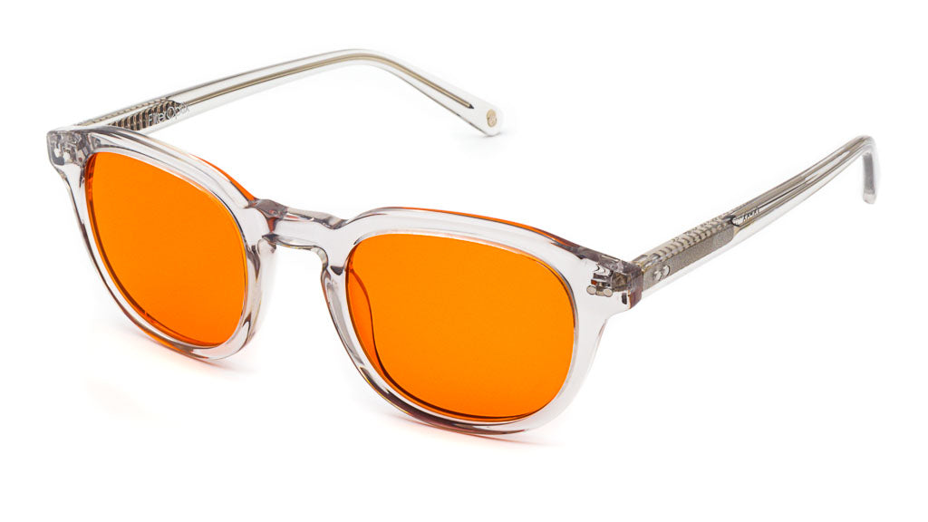 Acero Mist Orange, or amber-coloured, sleeping glasses viewed from side