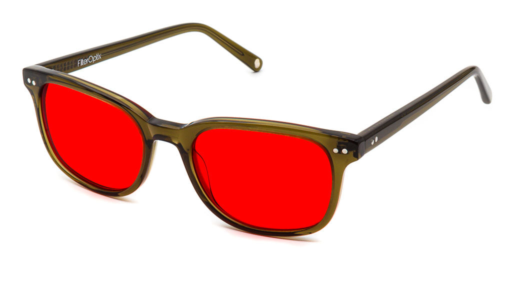 Cedar Olive Red blue light blockers viewed from side